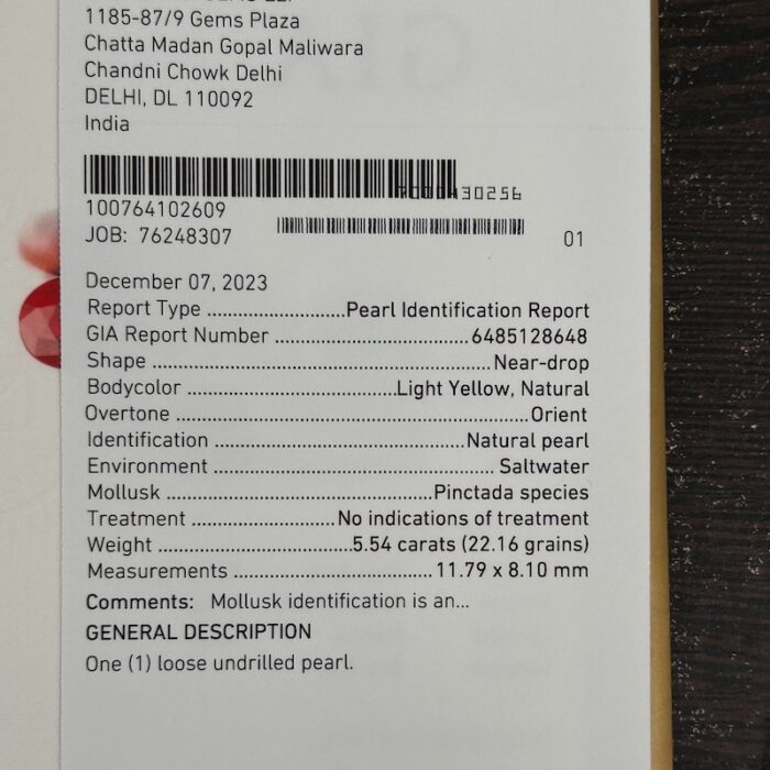 Natural Basra Pearl  5.54 Ct (6.15 Ratti) - Image 2