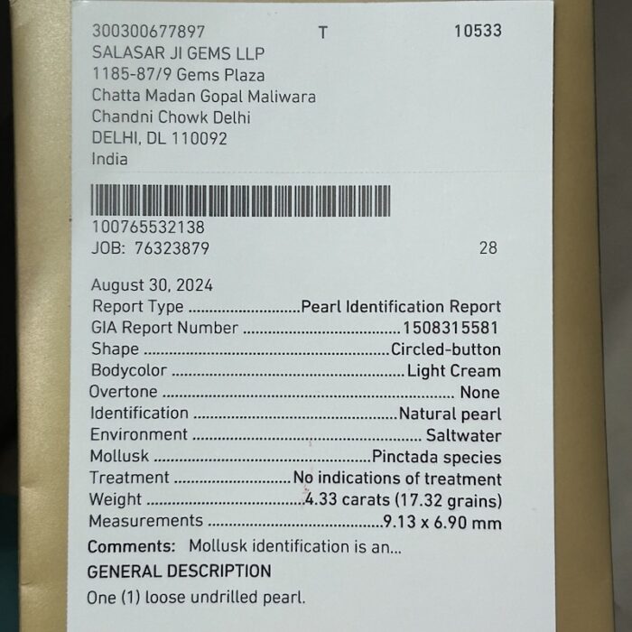 Natural Basra Pearl 4.33 ct  (4.72 ratti) - Image 2